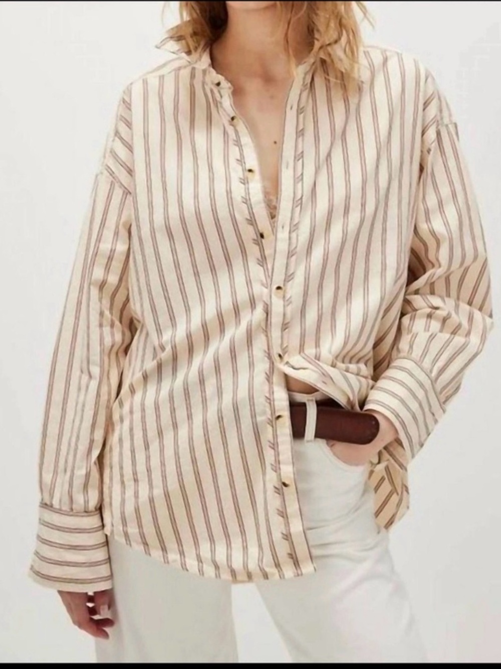 Free People Cream and Brown Varsity vibes striped shirt